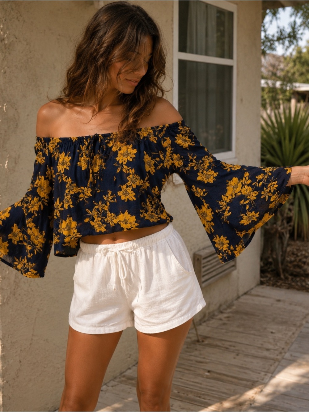FAVLUX Navy & Mustard Floral Off Shoulder Bell Sleeve Top Size Small